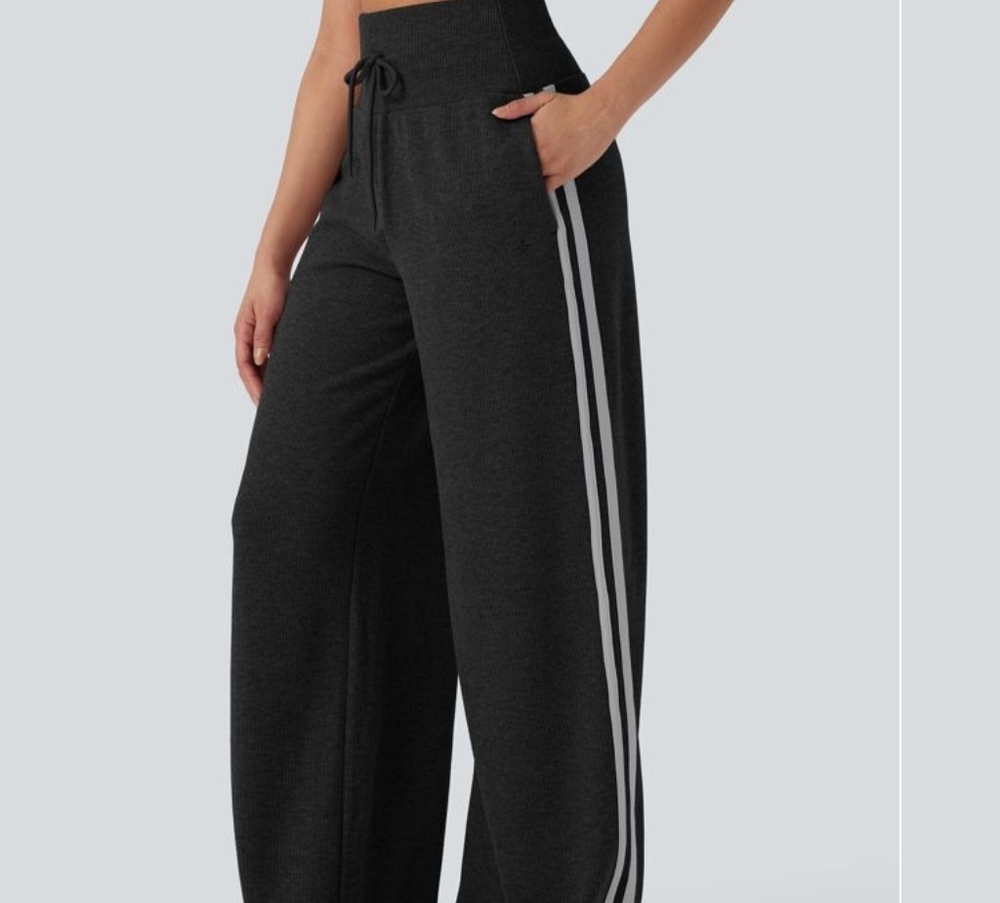 NWT SOLD OUT HALARA Tummy Control Black Wide-Leg Joggers with White Stripes